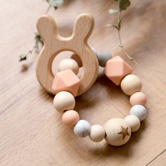 Pebbly: Wooden Beads Silicone Teething Ring for Comfort and Active Playtime