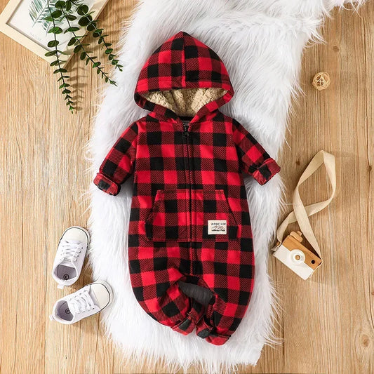 Plaidsy Red: Snuggly Baby Onesie with Chic Plaid Design